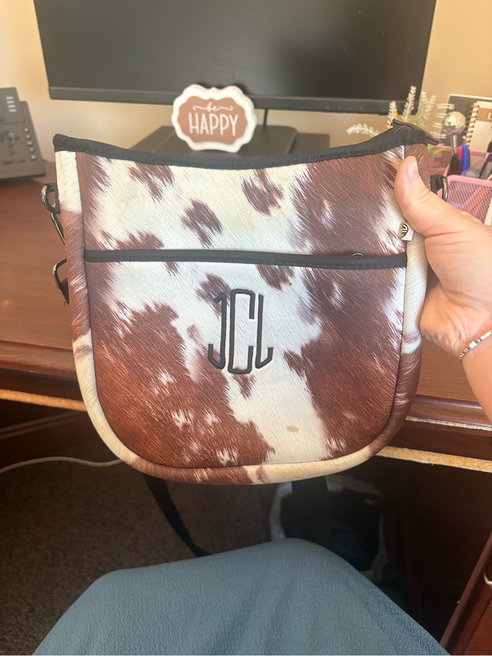 Brown & White Cowhide Crossbody with Monogram Accent